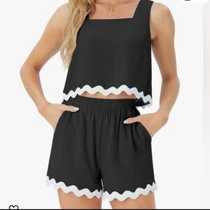 PRINSTORY Summer 2 PC Set Cropped Tank Shorts Matching Set Black Women SZ XL NEW